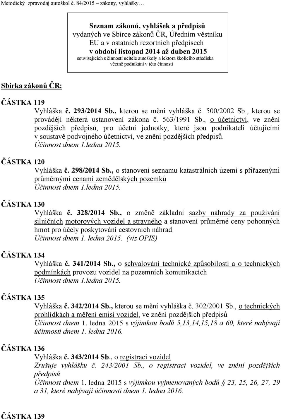činností učitele autoškoly a lektora školicího střediska včetně podnikání v této činnosti Sbírka zákonů ČR: ČÁSTKA 119 Vyhláška č. 293/2014 Sb., kterou se mění vyhláška č. 500/2002 Sb.
