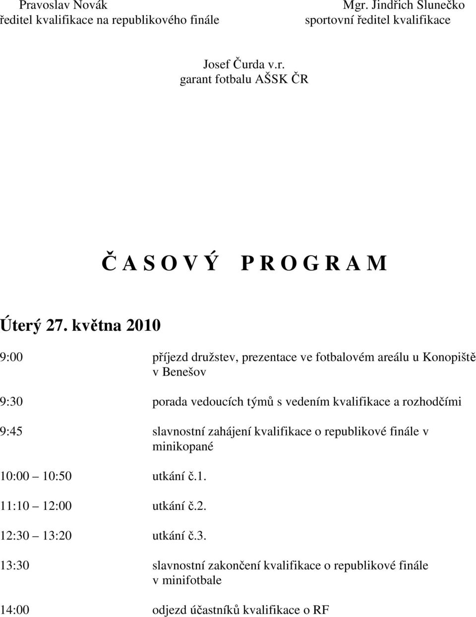 rozhodčími 9:45 slavnostní zahájení kvalifikace o republikové finále v minikopané 10:00 10:50 utkání č.1. 11:10 12:00 utkání č.2. 12:30 13:20 utkání č.