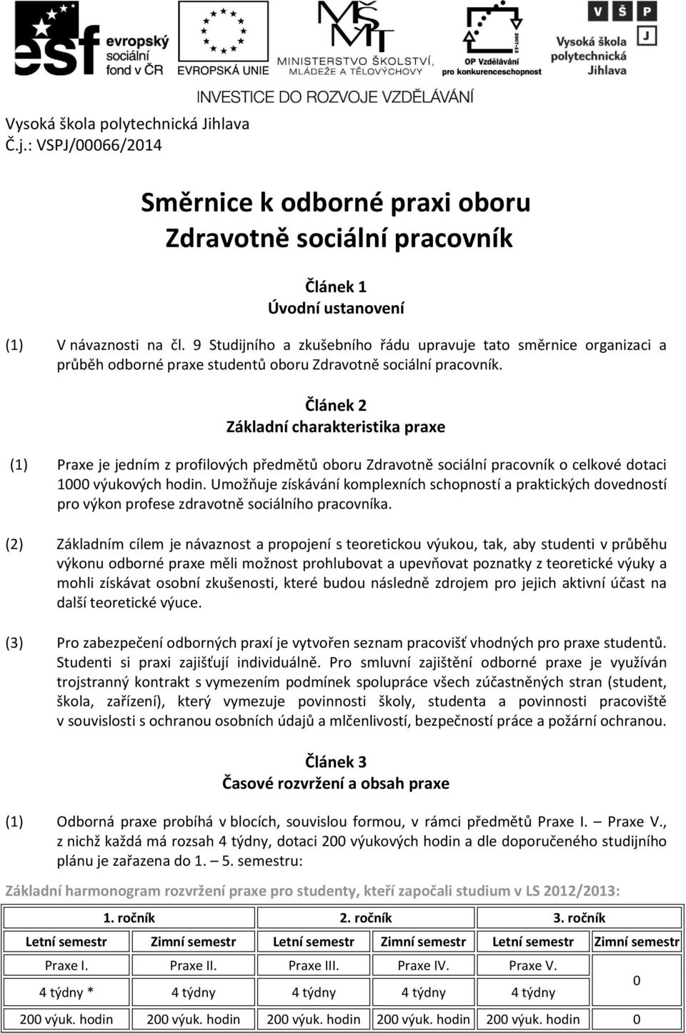 Článek 2 Základní charakteristika praxe (1) Praxe je jedním z profilových předmětů oboru Zdravotně sociální pracovník o celkové dotaci 1000 výukových hodin.