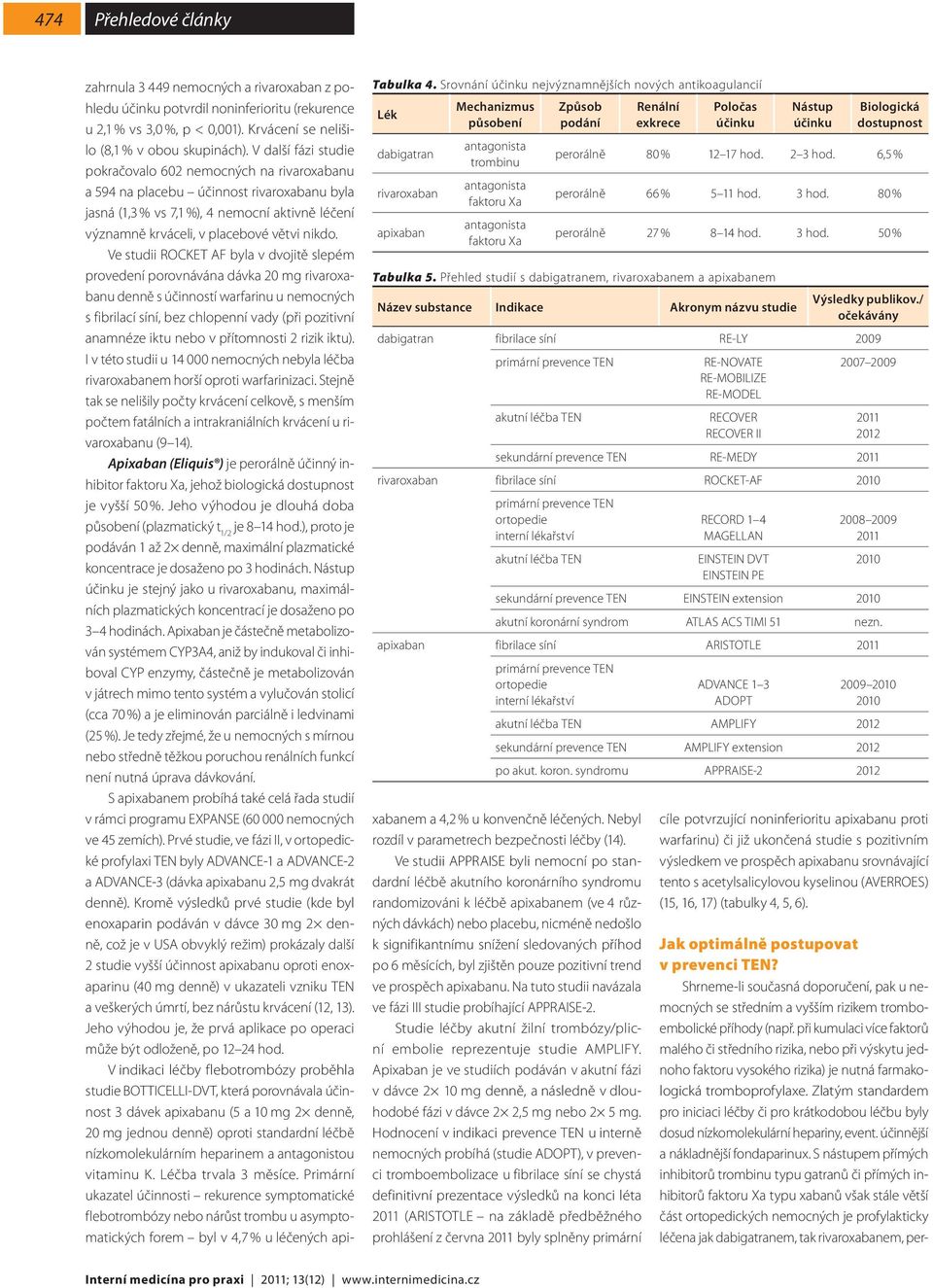 Tabulka 5. Přehled studií s dabigatranem, rivaroxabanem a apixabanem Název substance Indikace Akronym názvu studie Výsledky publikov.