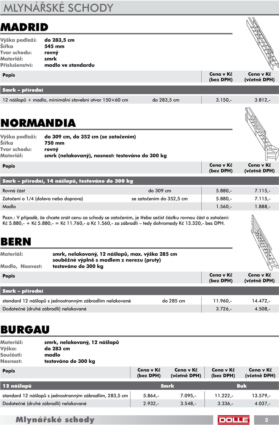 812,- NORMANDIA Výška podlaží: Šířka Tvar schodu: Materiál: do 309 cm, do 352 cm (se zatočením) 750 mm rovný smrk (nelakovaný), nosnost: testováno do 300 kg Smrk přírodní, 14 nášlapů, testováno do