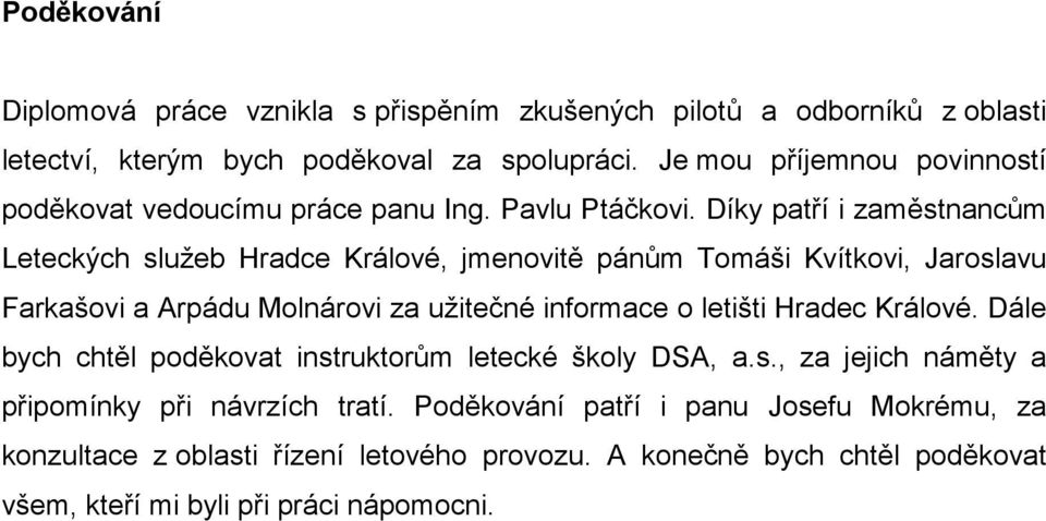 Díky patří i zaměstnancům Leteckých služeb Hradce Králové, jmenovitě pánům Tomáši Kvítkovi, Jaroslavu Farkašovi a Arpádu Molnárovi za užitečné informace o letišti