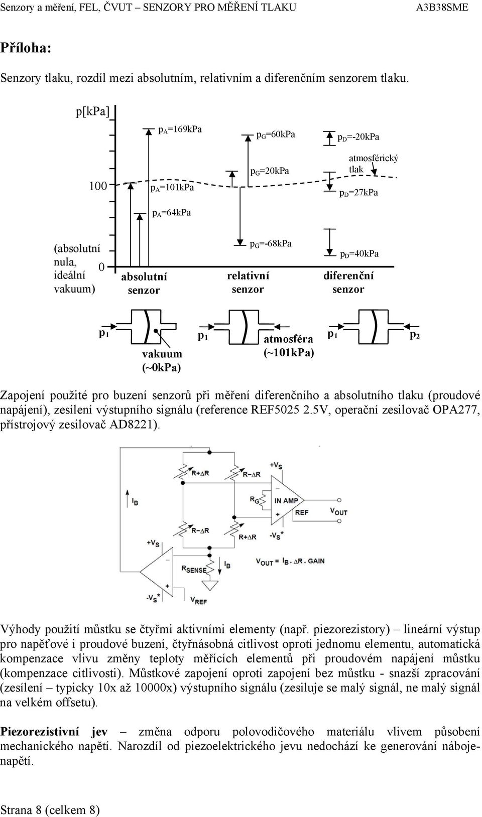 =40kPa diferenční senzor p 1 vakuum (~0kPa) p 1 atmosféra (~101kPa) p 1 p 2 Zapojení použité pro buzení senzorů při měření diferenčního a absolutního tlaku (proudové napájení), zesílení výstupního