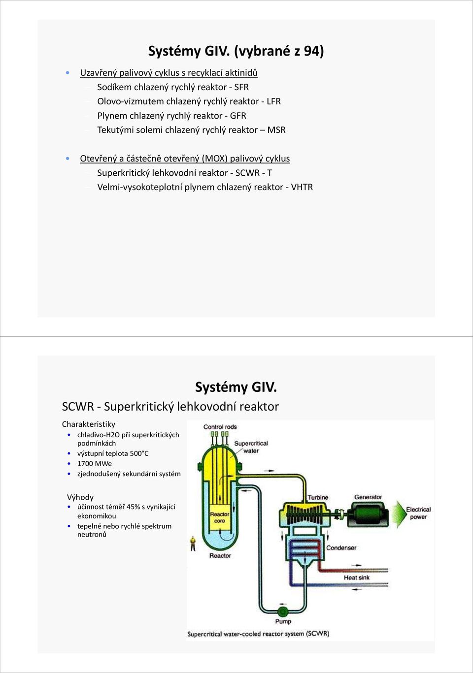 rychlý reaktor - GFR Tekutými solemi chlazený rychlý reaktor MSR Otevřený a částečně otevřený (MOX) palivový cyklus Superkritický lehkovodní reaktor - SCWR - T