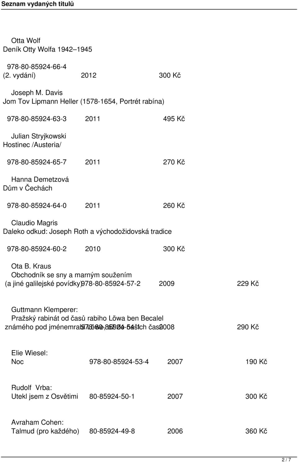 978-80-85924-64-0 2011 260 Kč Claudio Magris Daleko odkud: Joseph Roth a východožidovská tradice 978-80-85924-60-2 2010 300 Kč Ota B.