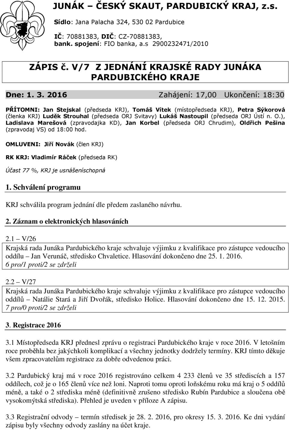 2016 Zahájení: 17,00 Ukončení: 18:30 PŘÍTOMNI: Jan Stejskal (předseda KRJ), Tomáš Vítek (místopředseda KRJ), Petra Sýkorová (členka KRJ) Luděk Strouhal (předseda ORJ Svitavy) Lukáš Nastoupil