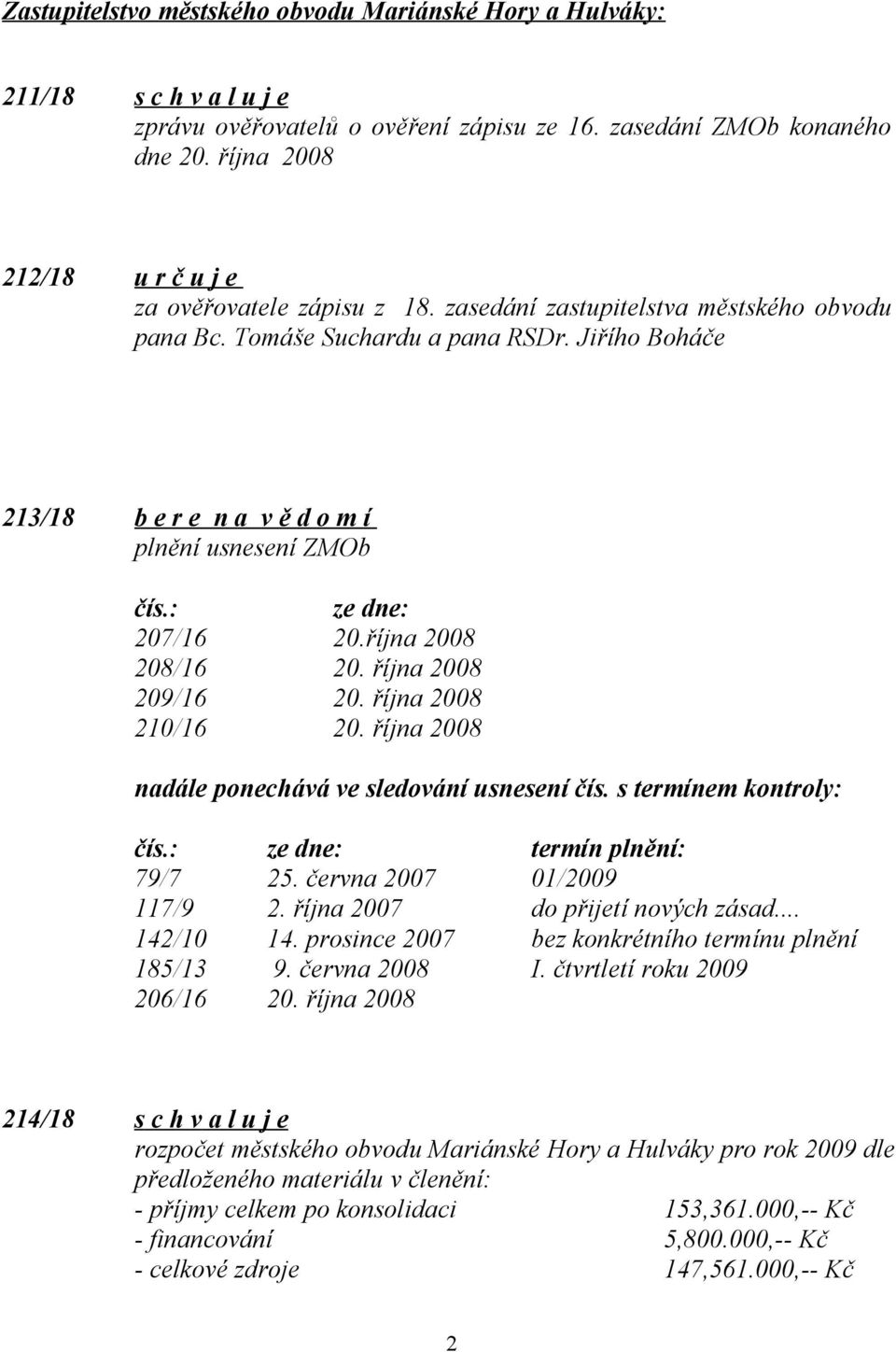 Jiřího Boháče 213/18 b e r e n a v ě d o m í plnění usnesení ZMOb čís.: ze dne: 207/16 20.října 2008 208/16 20. října 2008 209/16 20. října 2008 210/16 20.