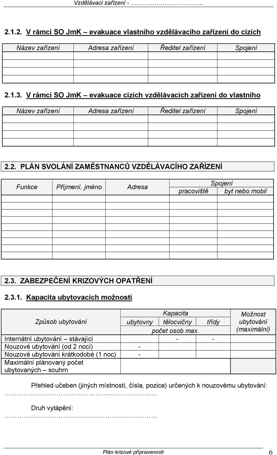 2. PLÁN SVOLÁNÍ ZAMĚSTNANCŮ VZDĚLÁVACÍHO ZAŘÍZENÍ Funkce Příjmení, jméno Adresa Spojení pracoviště byt nebo mobil 2.3. ZABEZPEČENÍ KRIZOVÝCH OPATŘENÍ 2.3.1.