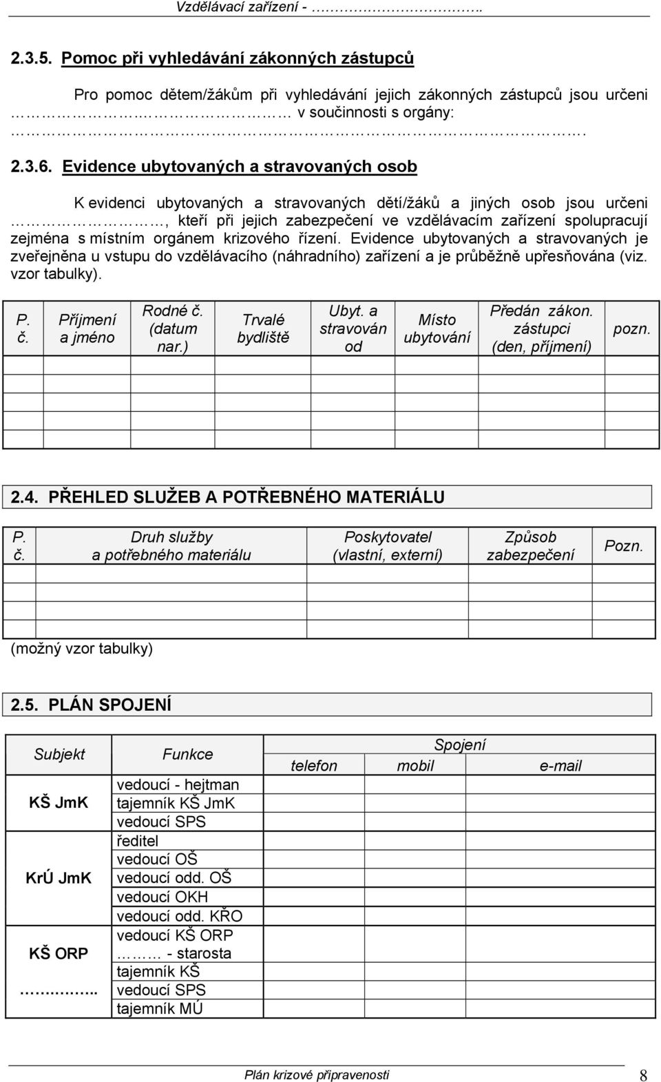 orgánem krizového řízení. Evidence ubytovaných a stravovaných je zveřejněna u vstupu do vzdělávacího (náhradního) zařízení a je průběžně upřesňována (viz. vzor tabulky). P. č.