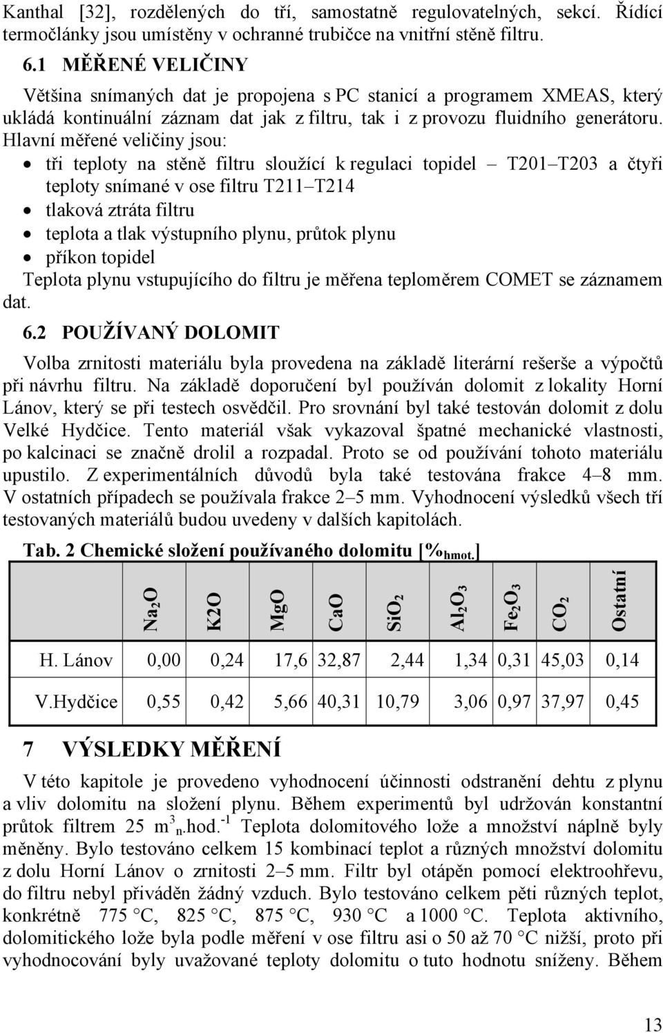 Hlavní měřené veličiny jsou: tři teploty na stěně filtru sloužící k regulaci topidel T201 T203 a čtyři teploty snímané v ose filtru T211 T214 tlaková ztráta filtru teplota a tlak výstupního plynu,