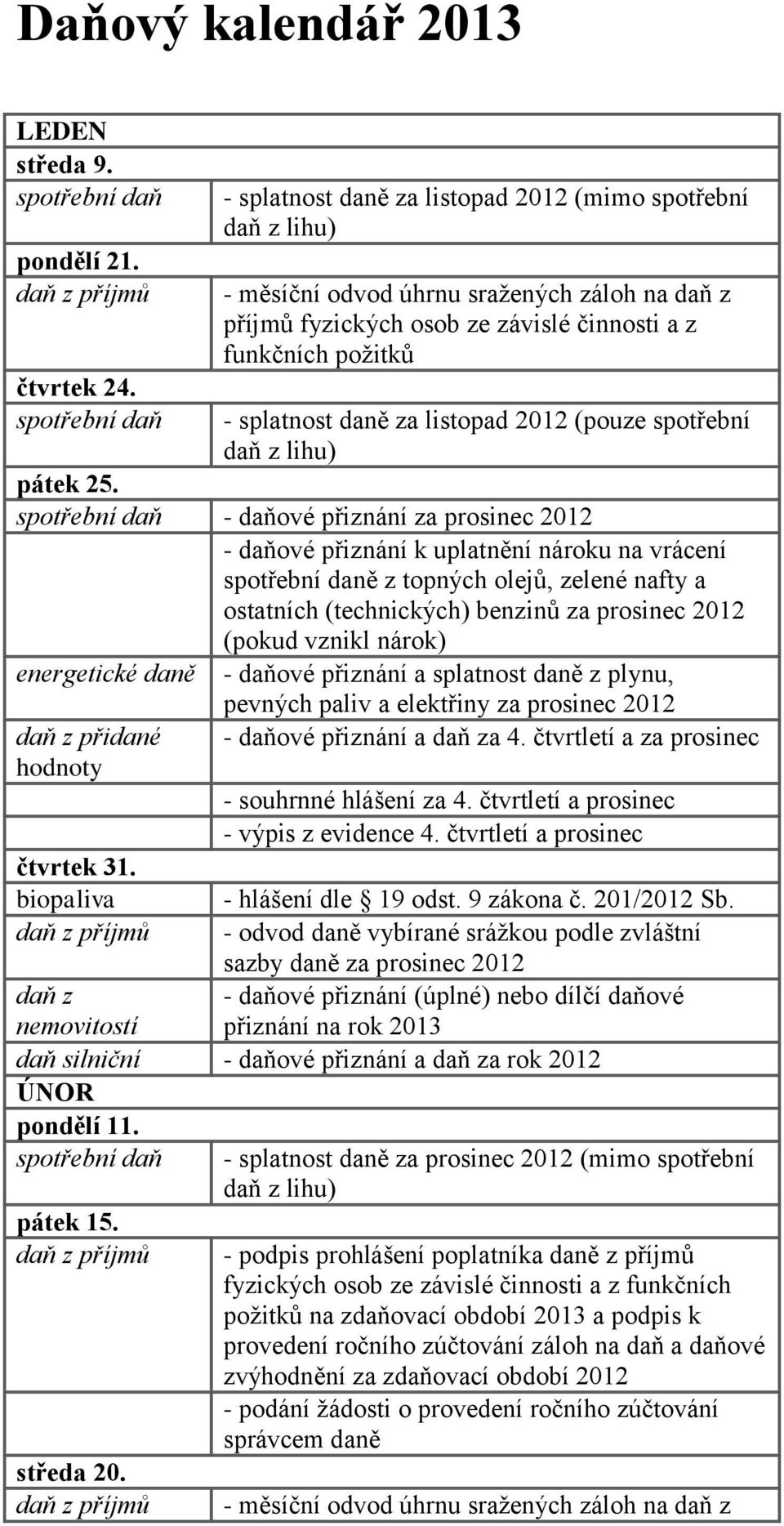 biopaliva pevných paliv a elektřiny za prosinec 2012 - daňové přiznání a daň za 4. čtvrtletí a za prosinec - souhrnné hlášení za 4. čtvrtletí a prosinec - výpis z evidence 4.