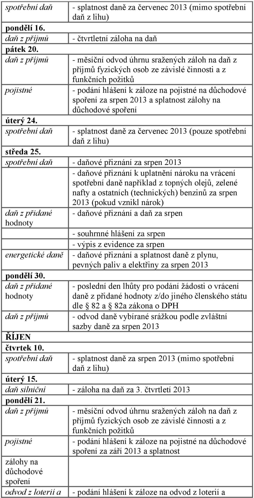 (pouze spotřební středa 25. - daňové přiznání za srpen 2013 nafty a ostatních (technických) benzinů za srpen pondělí 30. ŘÍJEN čtvrtek 10.