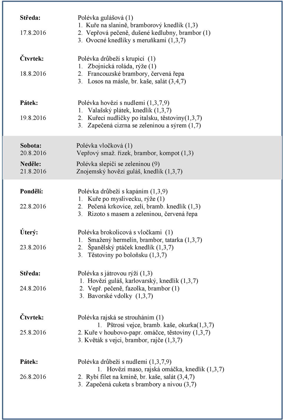 kaše, salát (3,4,7) Pátek: Polévka hovězí s nudlemi (1,3,7,9) 1. Valašský plátek, knedlík (1,3,7) 19.8.2016 2. Kuřecí nudličky po italsku, těstoviny(1,3,7) 3.