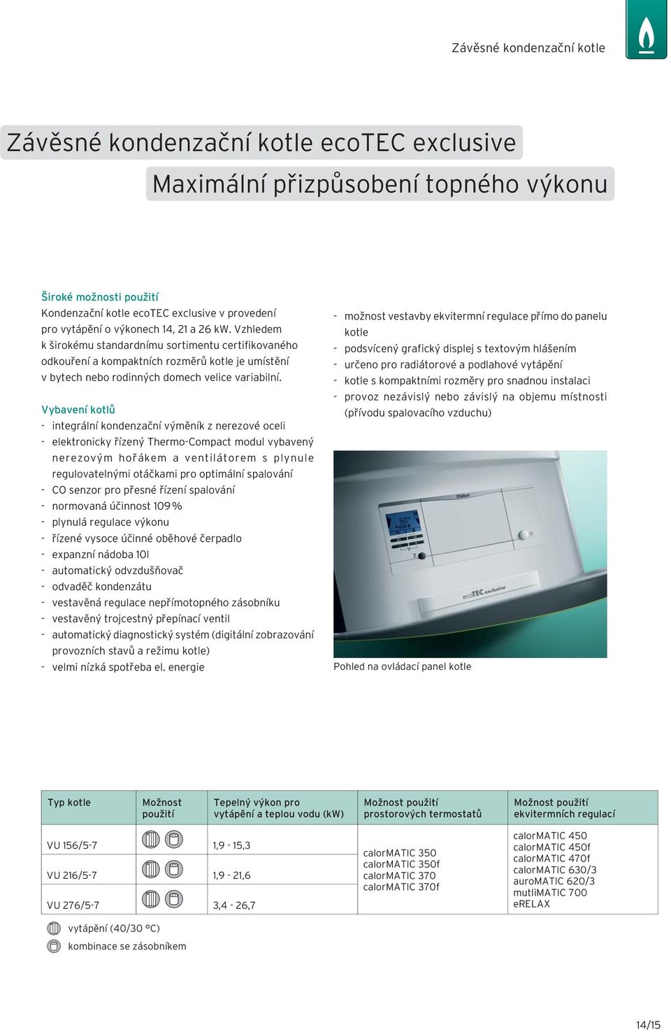 Vybavení kotlů - integrální kondenzační výměník z nerezové oceli - elektronicky řízený Thermo-Compact modul vybavený nerezovým hořákem a ventilátorem s plynule regulovatelnými otáčkami pro optimální