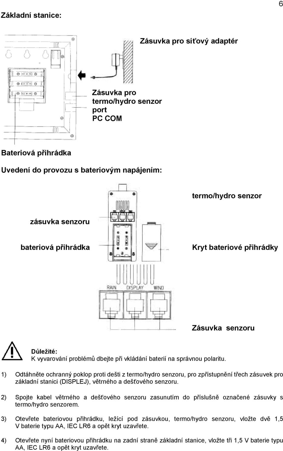 1) Odtáhněte ochranný poklop proti dešti z termo/hydro senzoru, pro zpřístupnění třech zásuvek pro základní stanici (DISPLEJ), větrného a dešťového senzoru.