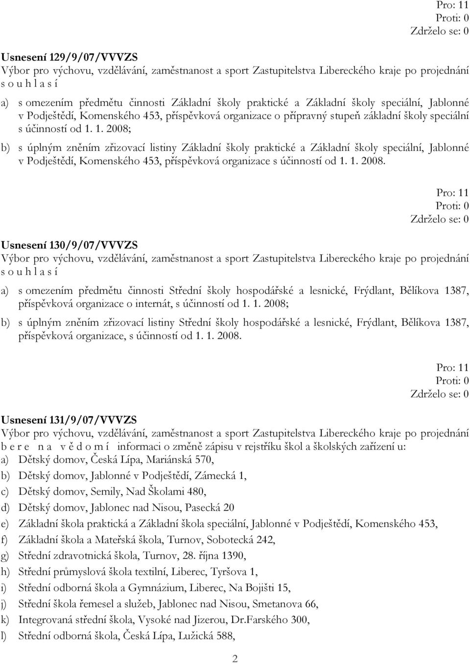 1. 2008; b) s úplným zněním zřizovací listiny Základní školy praktické a Základní školy speciální, Jablonné v Podještědí, Komenského 453, příspěvková organizace s účinností od 1. 1. 2008. Usnesení 130/9/07/VVVZS a) s omezením předmětu činnosti Střední školy hospodářské a lesnické, Frýdlant, Bělíkova 1387, příspěvková organizace o internát, s účinností od 1.