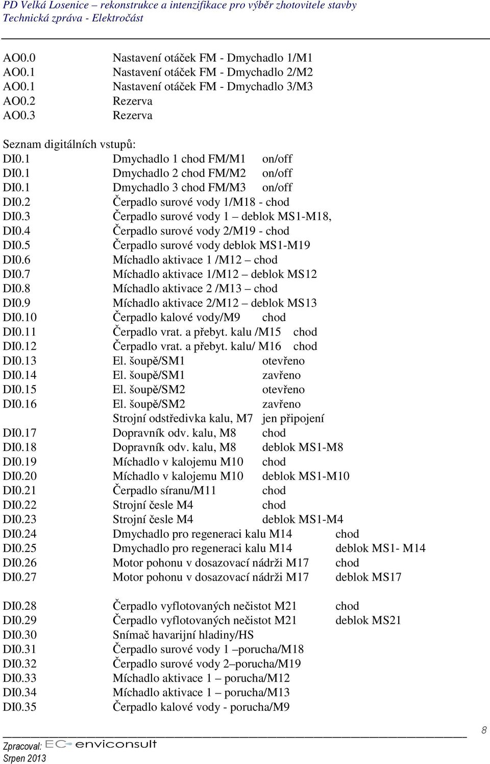 2 Čerpadlo surové vody 1/M18 - chod DI0.3 Čerpadlo surové vody 1 deblok MS1-M18, DI0.4 Čerpadlo surové vody 2/M19 - chod DI0.5 Čerpadlo surové vody deblok MS1-M19 DI0.