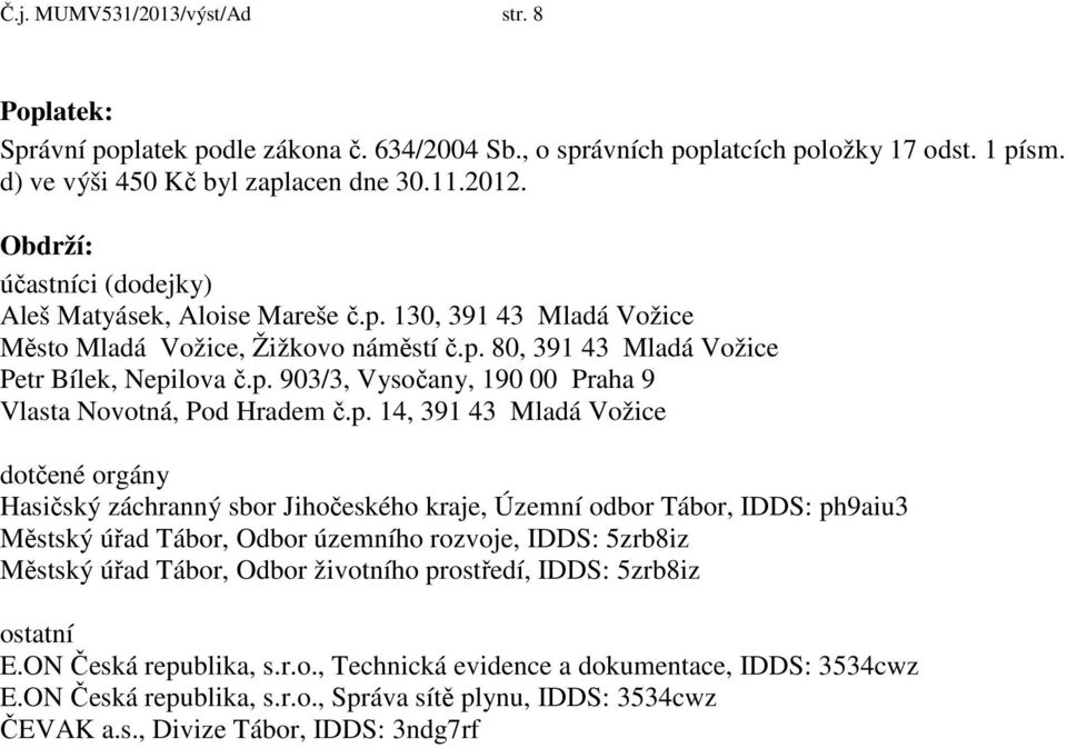 p. 14, 391 43 Mladá Vožice dotčené orgány Hasičský záchranný sbor Jihočeského kraje, Územní odbor Tábor, IDDS: ph9aiu3 Městský úřad Tábor, Odbor územního rozvoje, IDDS: 5zrb8iz Městský úřad Tábor,