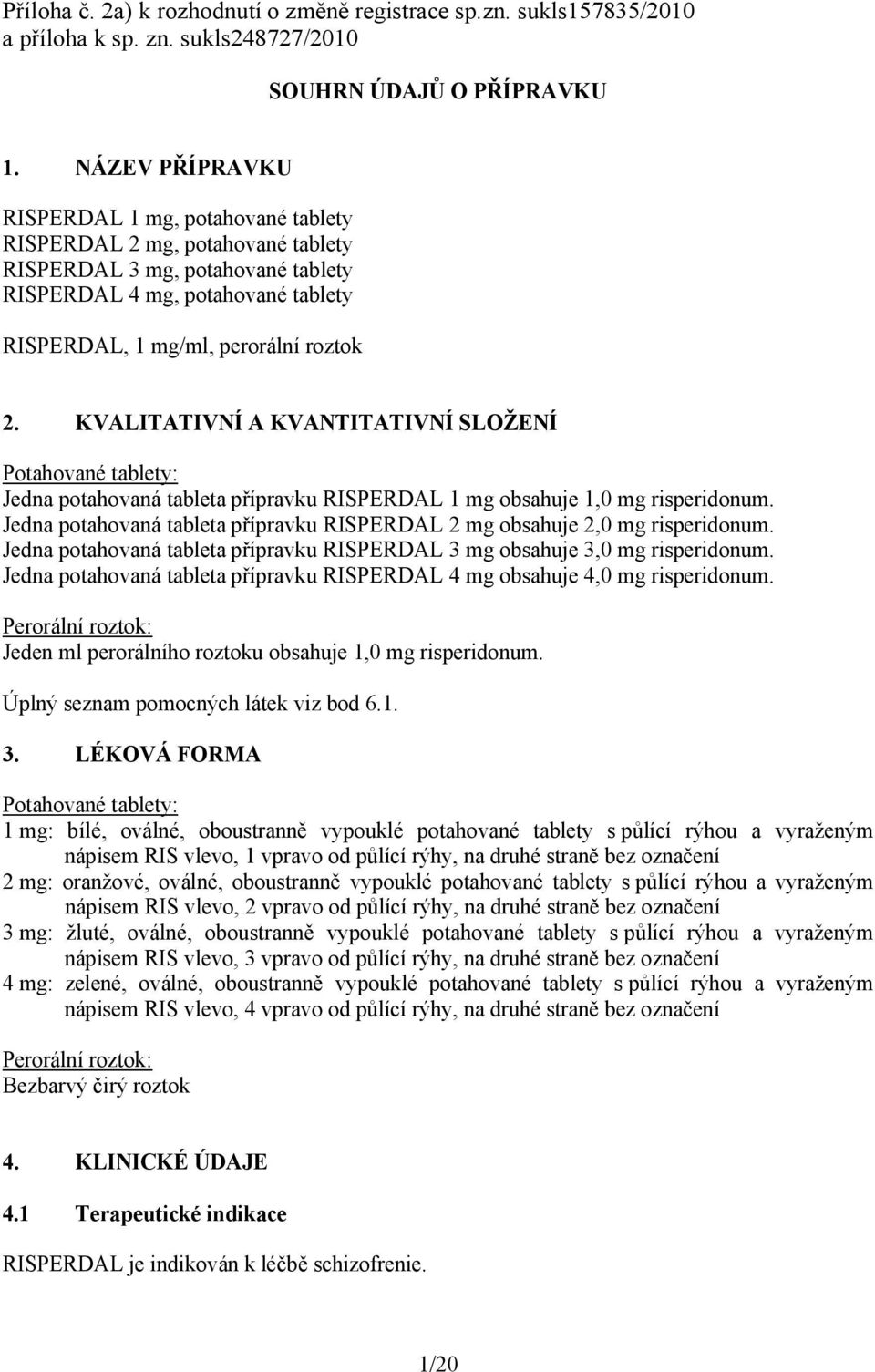 KVALITATIVNÍ A KVANTITATIVNÍ SLOŽENÍ Potahované tablety: Jedna potahovaná tableta přípravku RISPERDAL 1 mg obsahuje 1,0 mg risperidonum.