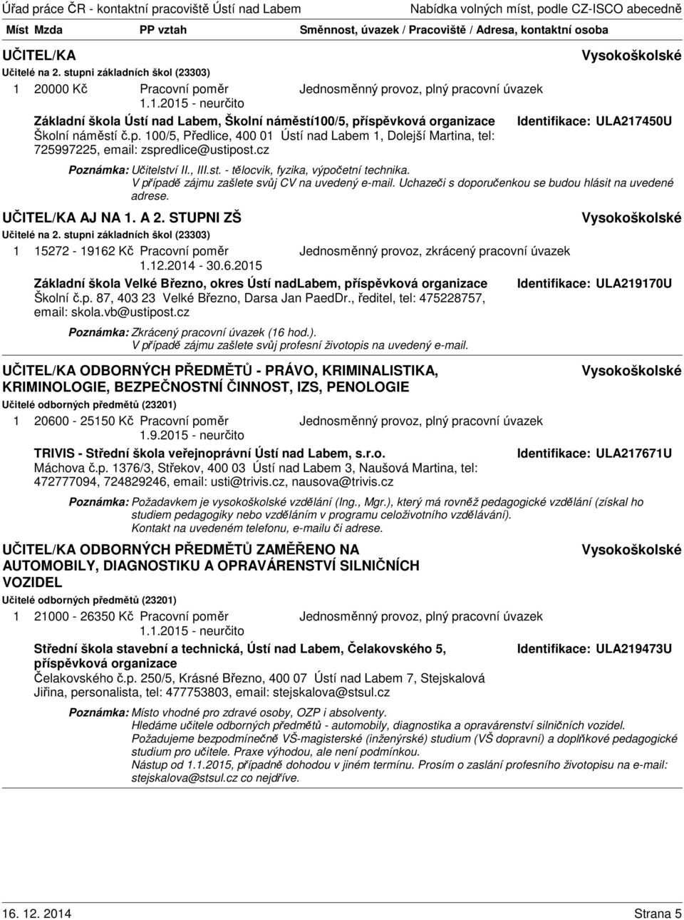 cz Poznámka: Učitelství II., III.st. - tělocvik, fyzika, výpočetní technika. V případě zájmu zašlete svůj CV na uvedený e-mail. Uchazeči s doporučenkou se budou hlásit na uvedené adrese.