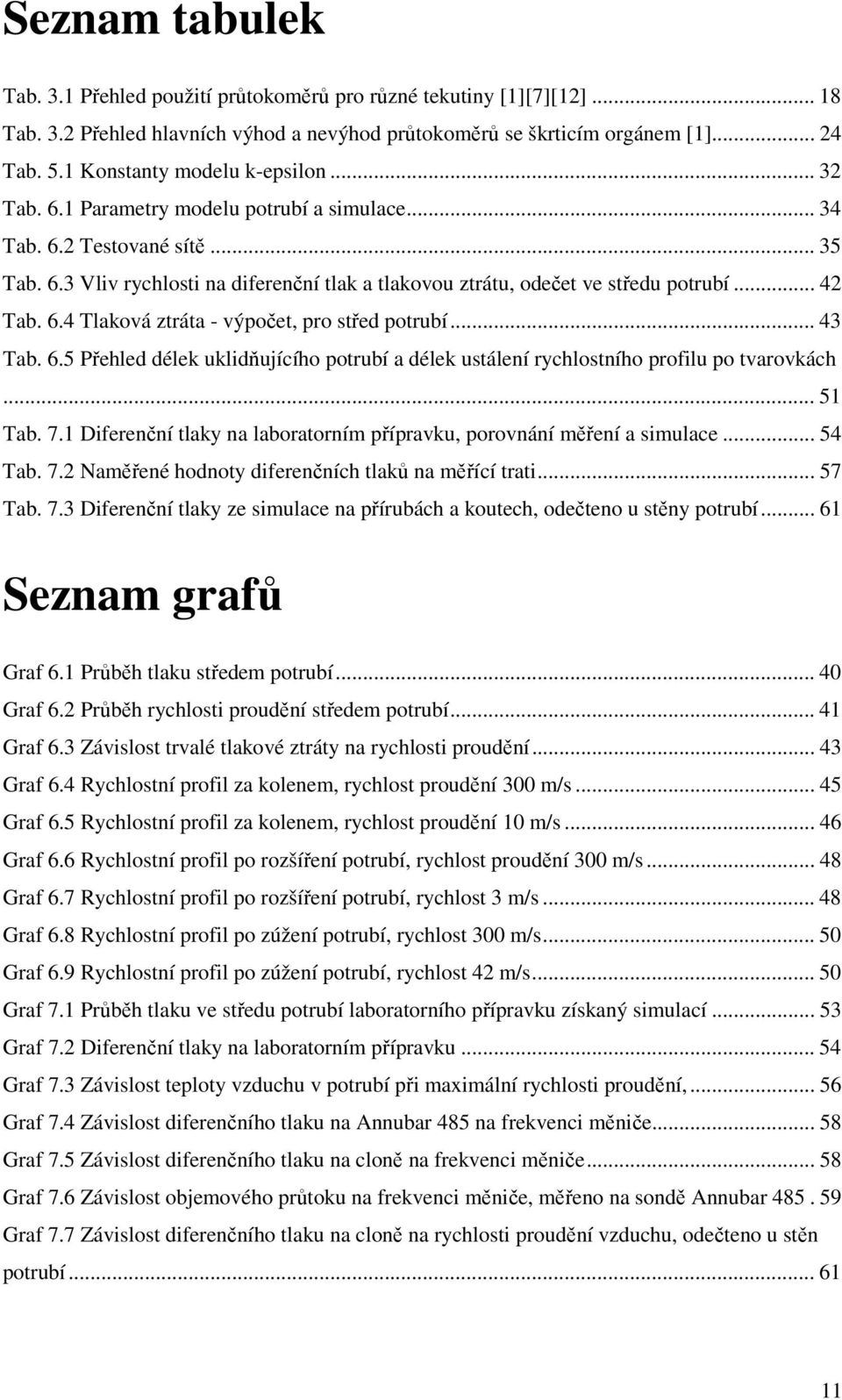.. 4 Tab. 6.4 Tlaková ztráta - výpočet, pro střed potrubí... 43 Tab. 6.5 Přehled délek uklidňujícího potrubí a délek ustálení rychlostního profilu po tvarovkách... 51 Tab. 7.