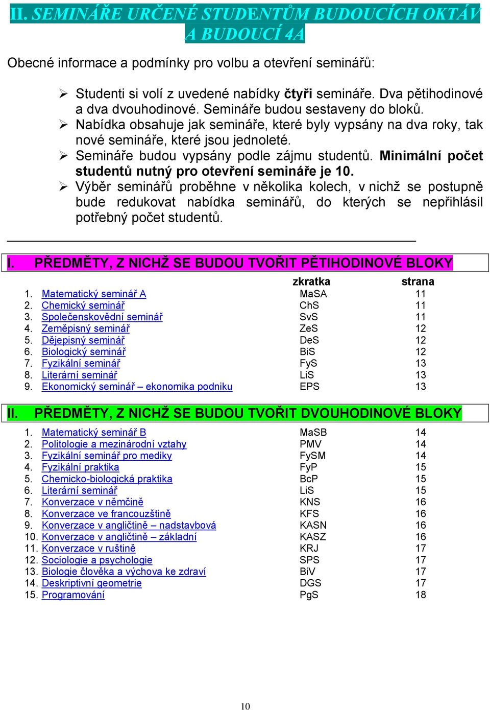 Semináře budou vypsány podle zájmu studentů. Minimální počet studentů nutný pro otevření semináře je 10.