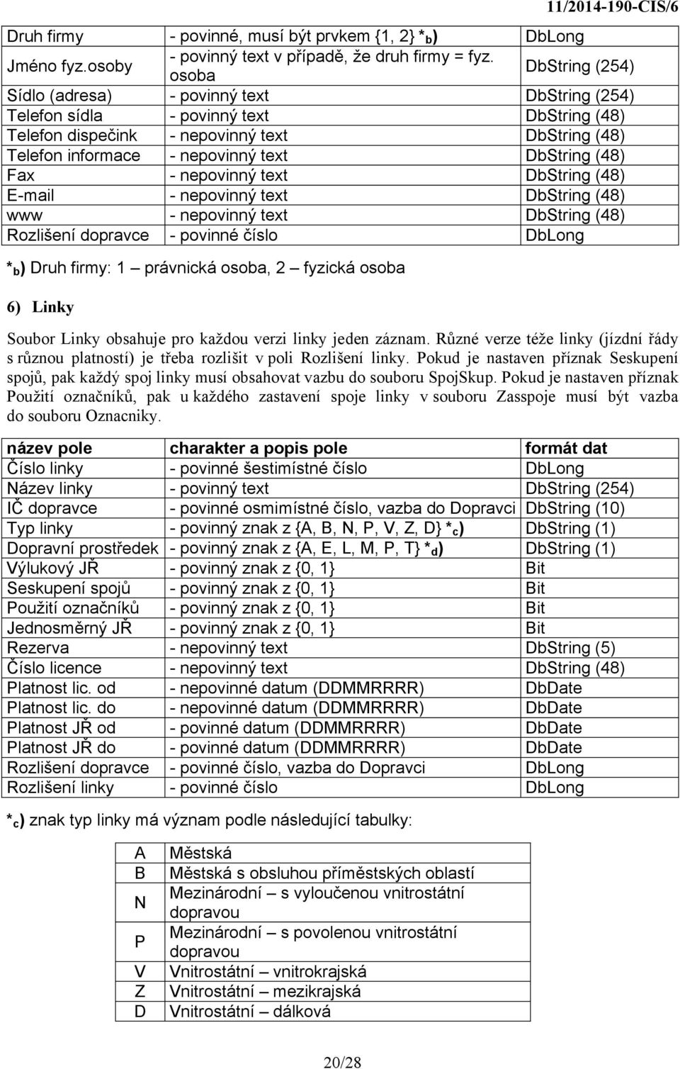 osoba - povinný text - povinný text - povinné číslo DbString (48) DbString (48) DbString (48) DbString (48) DbString (48) DbString (48) *b) Druh firmy: 1 právnická osoba, 2 fyzická osoba 6) Linky