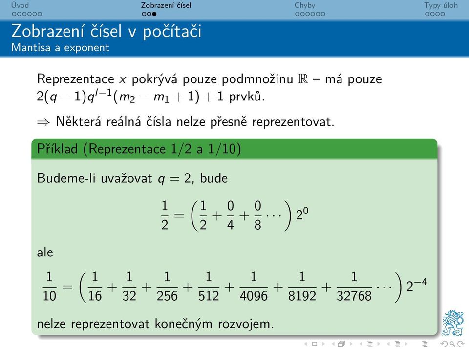 Příklad (Reprezentace 1/2 a 1/10) Budeme-li uvažovat q = 2, bude ale ( 1 1 2 = 2 + 0 4 + 0 ) 8 2