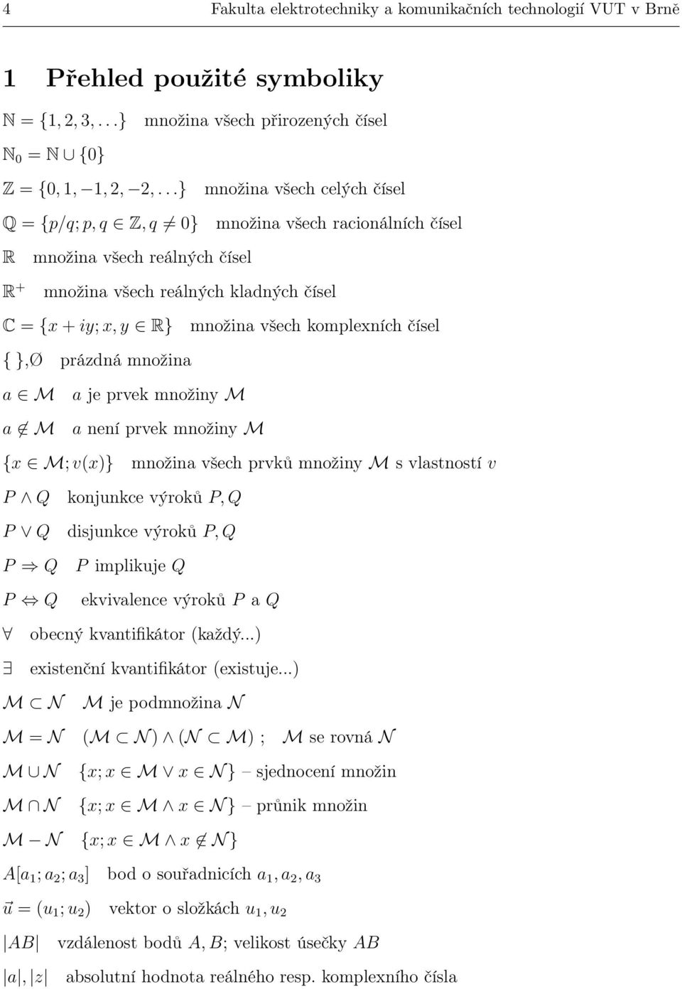 kompleních čísel { },Ø prázdná množina a M a M a je prvek množiny M a není prvek množiny M { M; v()} množina všech prvků množiny M s vlastností v P Q P Q P Q P Q konjunkce výroků P, Q disjunkce