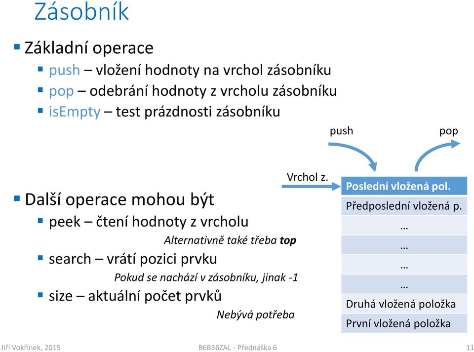 hodnoty z vrcholu Alternativně také třeba top search vrátí pozici prvku Pokud se nachází v zásobníku, jinak -1 size