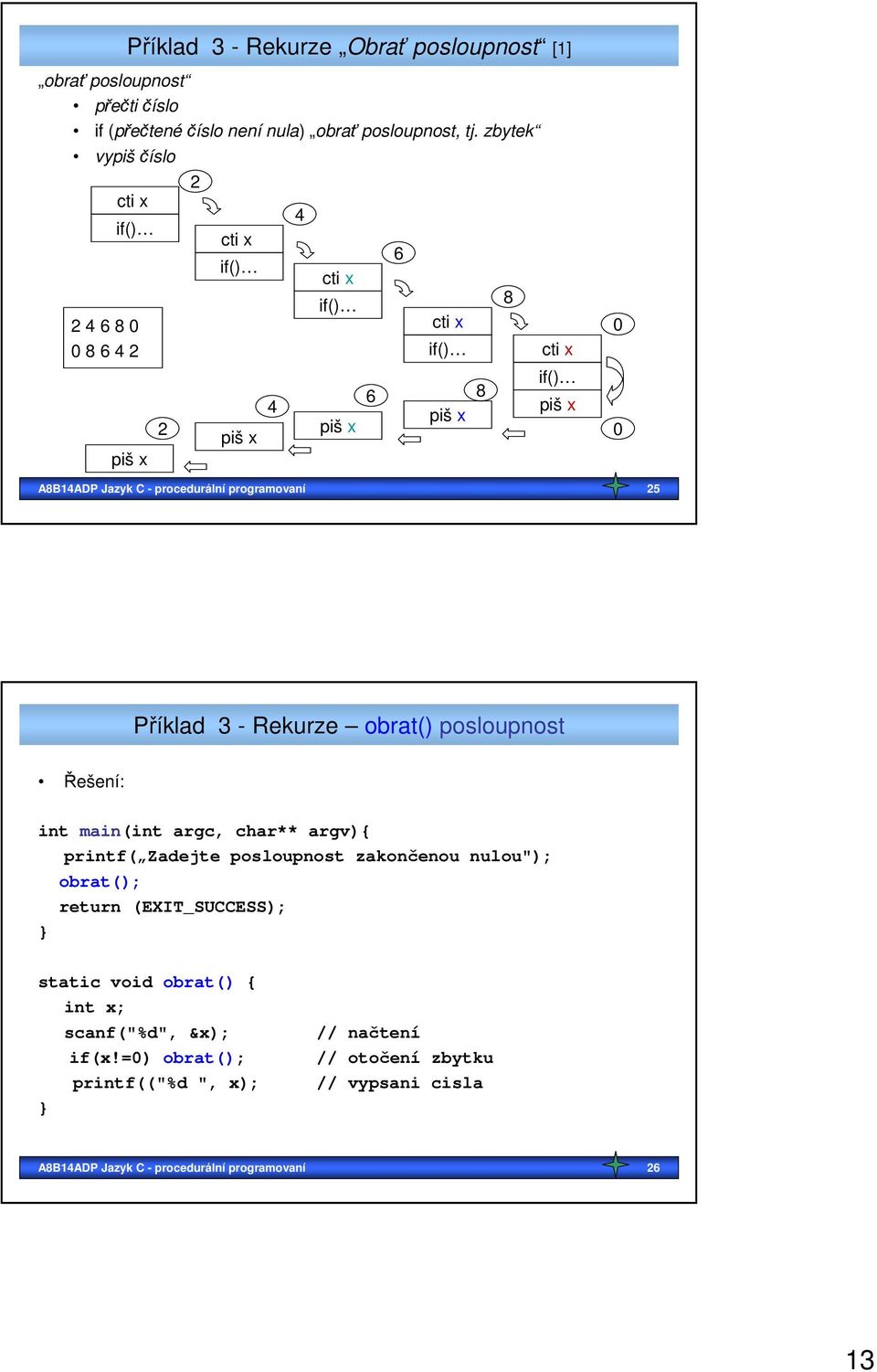 procedurální programovaní 25 Příklad 3 - Rekurze obrat() posloupnost Řešení: int main(int argc, char** argv){ printf( Zadejte posloupnost zakončenou nulou");