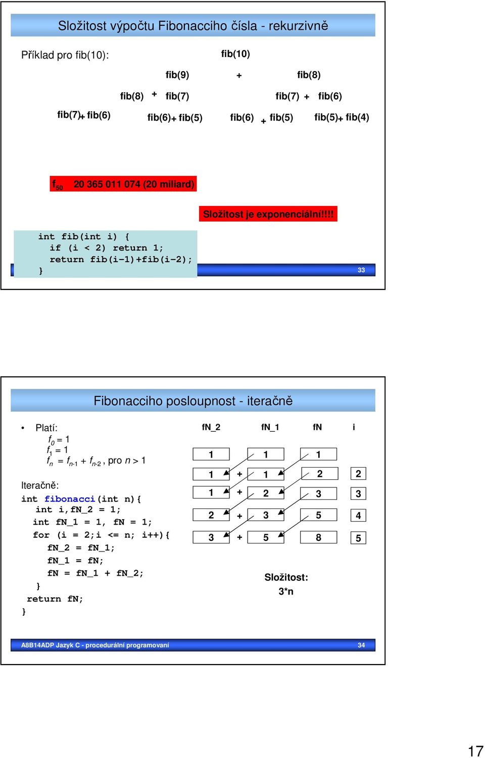 !!! A8B14ADP Jazyk C - procedurální programovaní 33 Fibonacciho posloupnost - iteračně Platí: f 0 = 1 f 1 = 1 f n = f n-1 + f n-2, pro n > 1 Iteračně: int fibonacci(int n){ int
