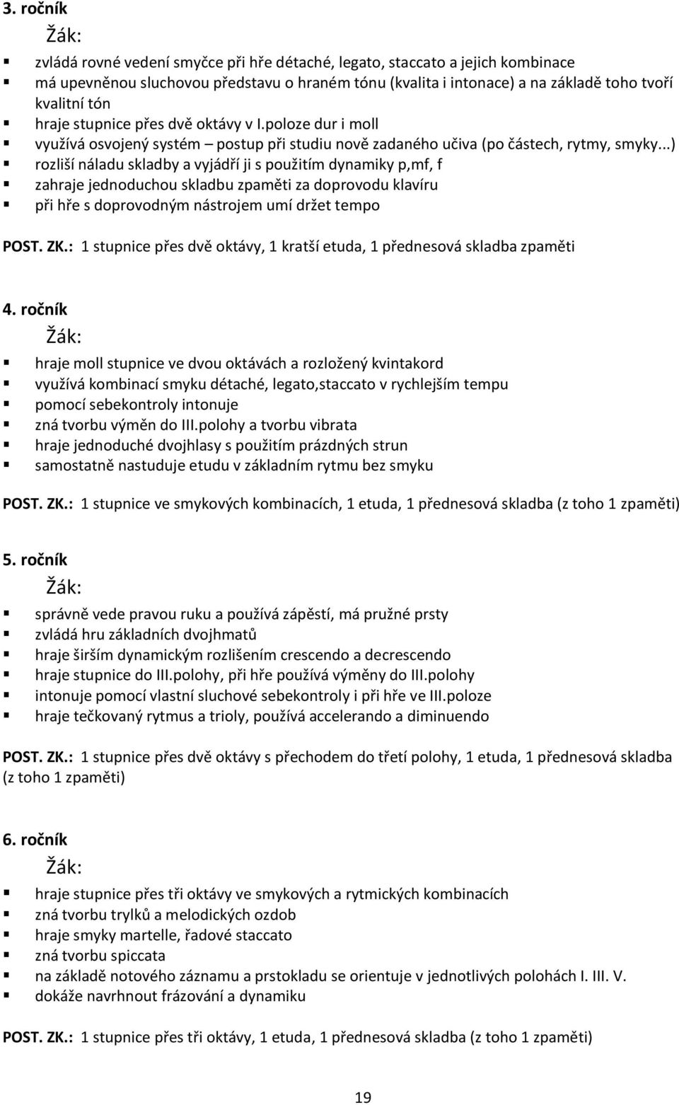 ..) rozliší náladu skladby a vyjádří ji s použitím dynamiky p,mf, f zahraje jednoduchou skladbu zpaměti za doprovodu klavíru při hře s doprovodným nástrojem umí držet tempo POST. ZK.