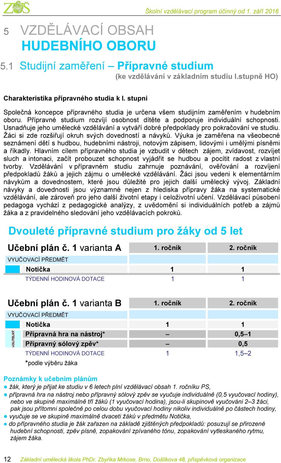 Usnadňuje jeho umělecké vzdělávání a vytváří dobré předpoklady pro pokračování ve studiu. Žáci si zde rozšiřují okruh svých dovedností a návyků.
