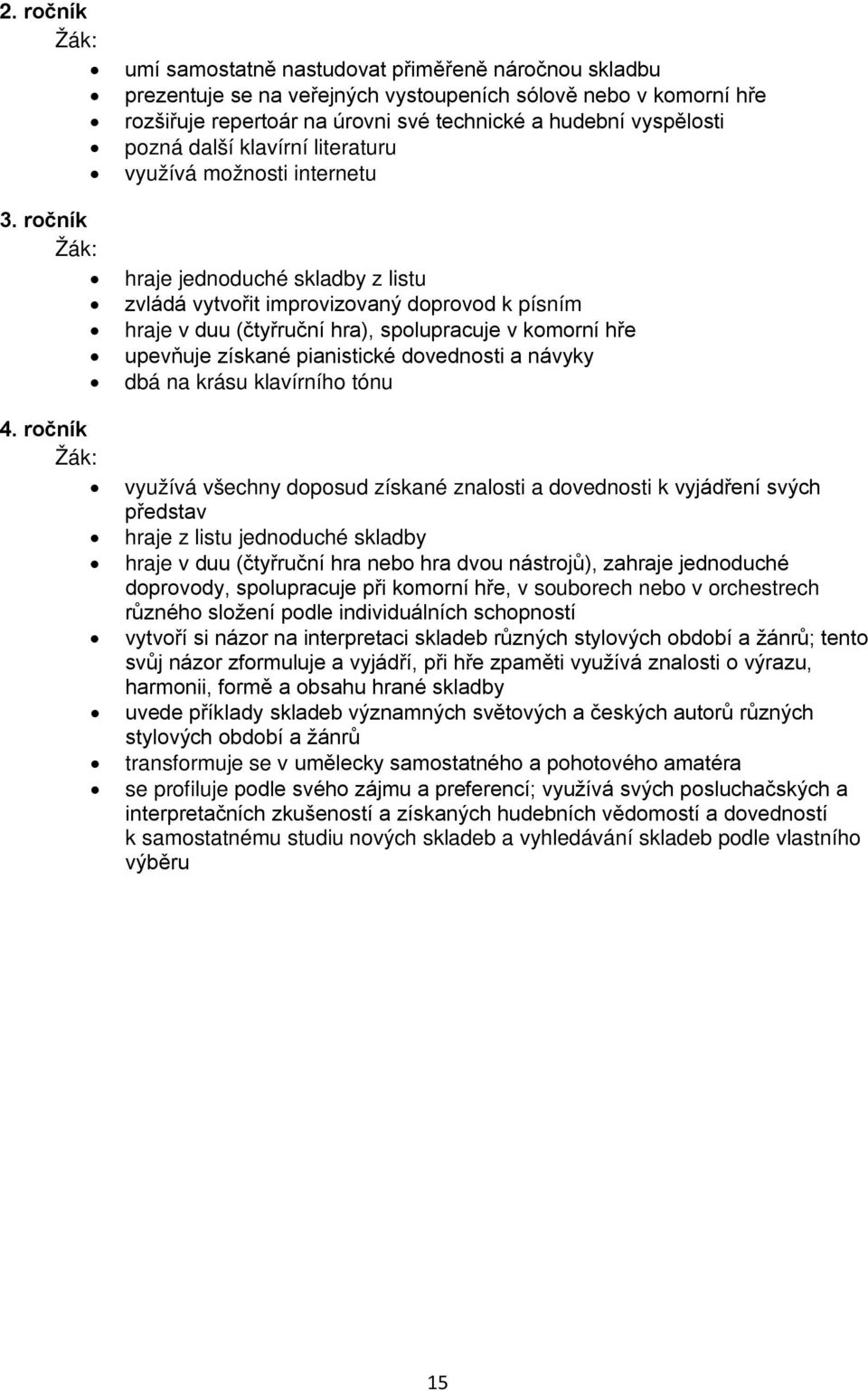 ročník hraje jednoduché skladby z listu zvládá vytvořit improvizovaný doprovod k písním hraje v duu (čtyřruční hra), spolupracuje v komorní hře upevňuje získané pianistické dovednosti a návyky dbá na
