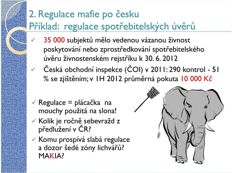 2012 Česká obchodní inspekce (ČOI) v 2011: 290 kontrol - 51 % se zjištěním; v 1H 2012 průměrná pokuta 10 000 Kč