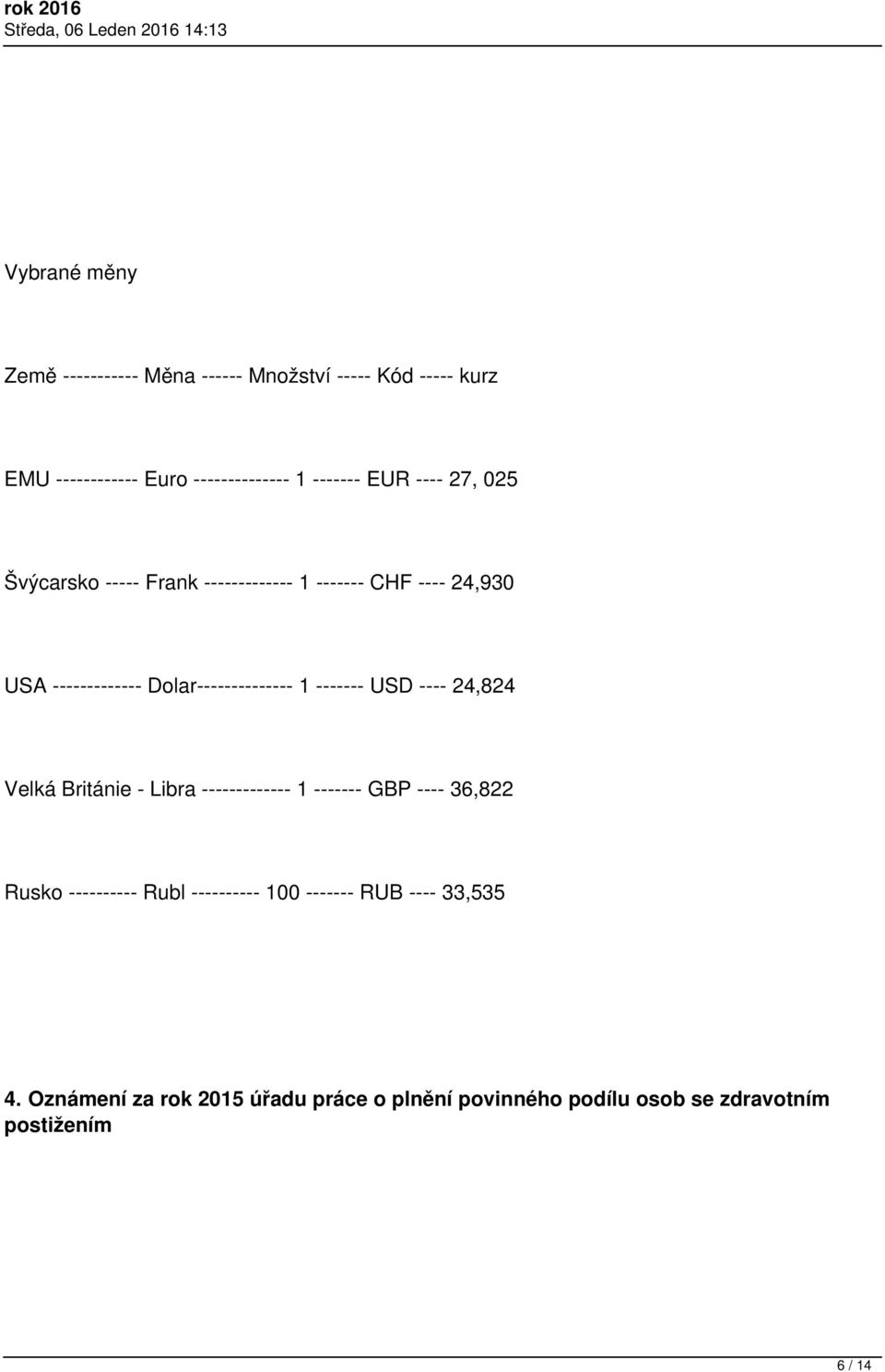 ------- USD ---- 24,824 Velká Británie - Libra ------------- 1 ------- GBP ---- 36,822 Rusko ---------- Rubl ----------