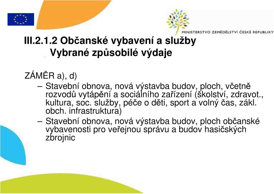 výstavba budov, ploch, včetně rozvodů vytápění a sociálního zařízení (školství, zdravot.