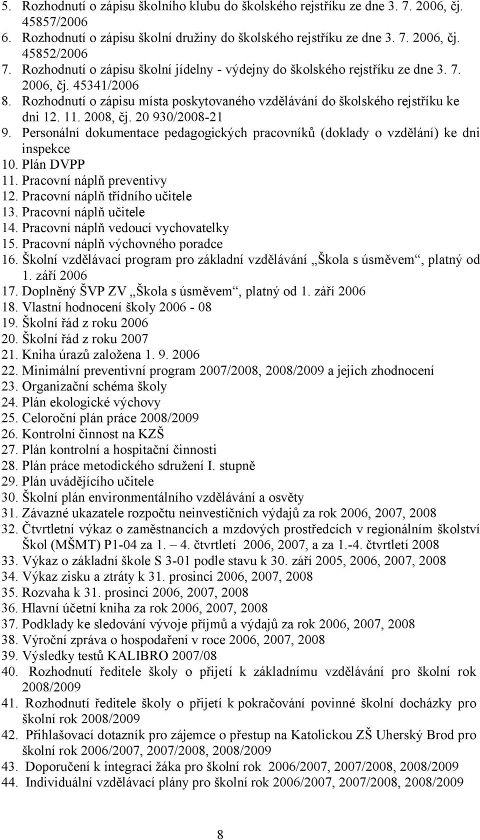 2008, čj. 20 930/2008-21 9. Personální dokumentace pedagogických pracovníků (doklady o vzdělání) ke dni inspekce 10. Plán DVPP 11. Pracovní náplň preventivy 12. Pracovní náplň třídního učitele 13.