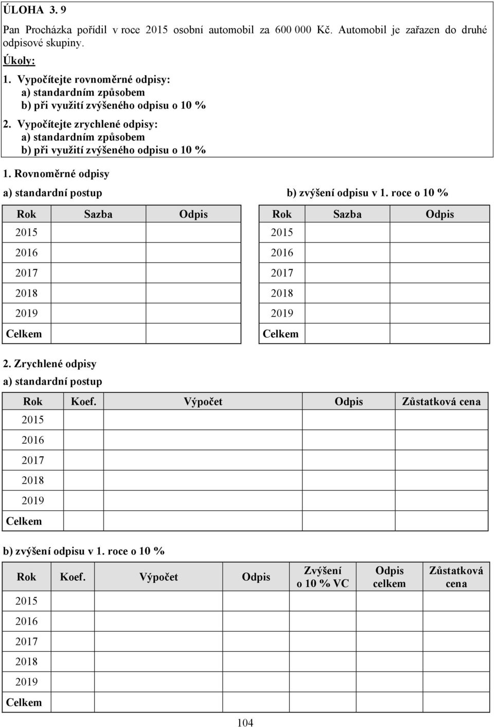 Vypočítejte zrychlené odpisy: a) standardním způsobem b) při využití zvýšeného odpisu o 10 % 1. Rovnoměrné odpisy a) standardní postup b) zvýšení odpisu v 1.