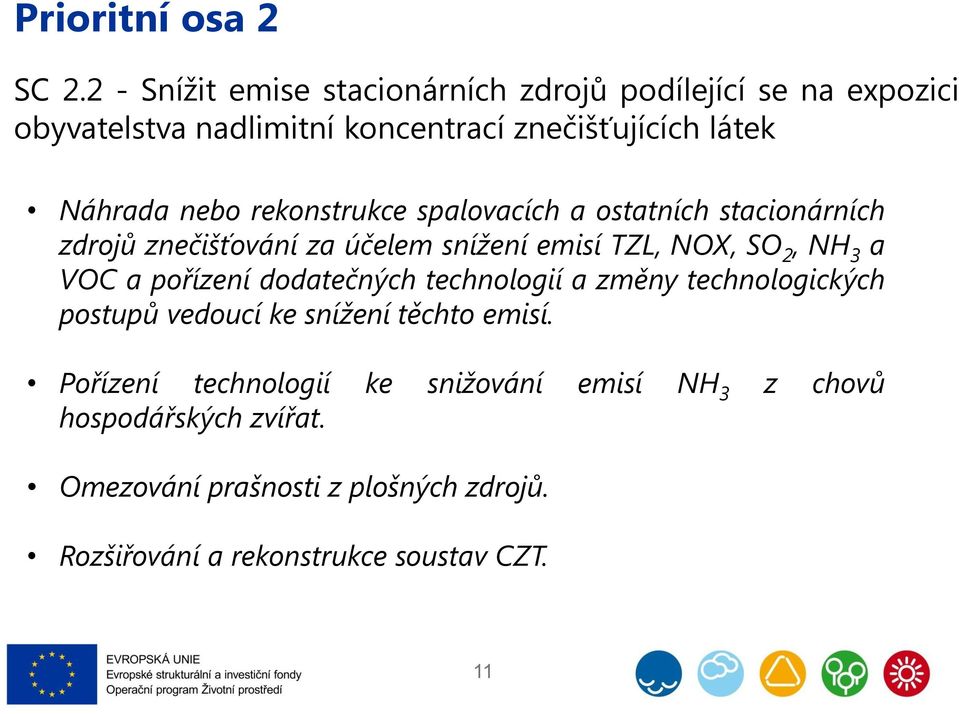 rekonstrukce spalovacích a ostatních stacionárních zdrojů znečišťování za účelem snížení emisí TZL, NOX, SO 2, NH 3 a VOC a pořízení