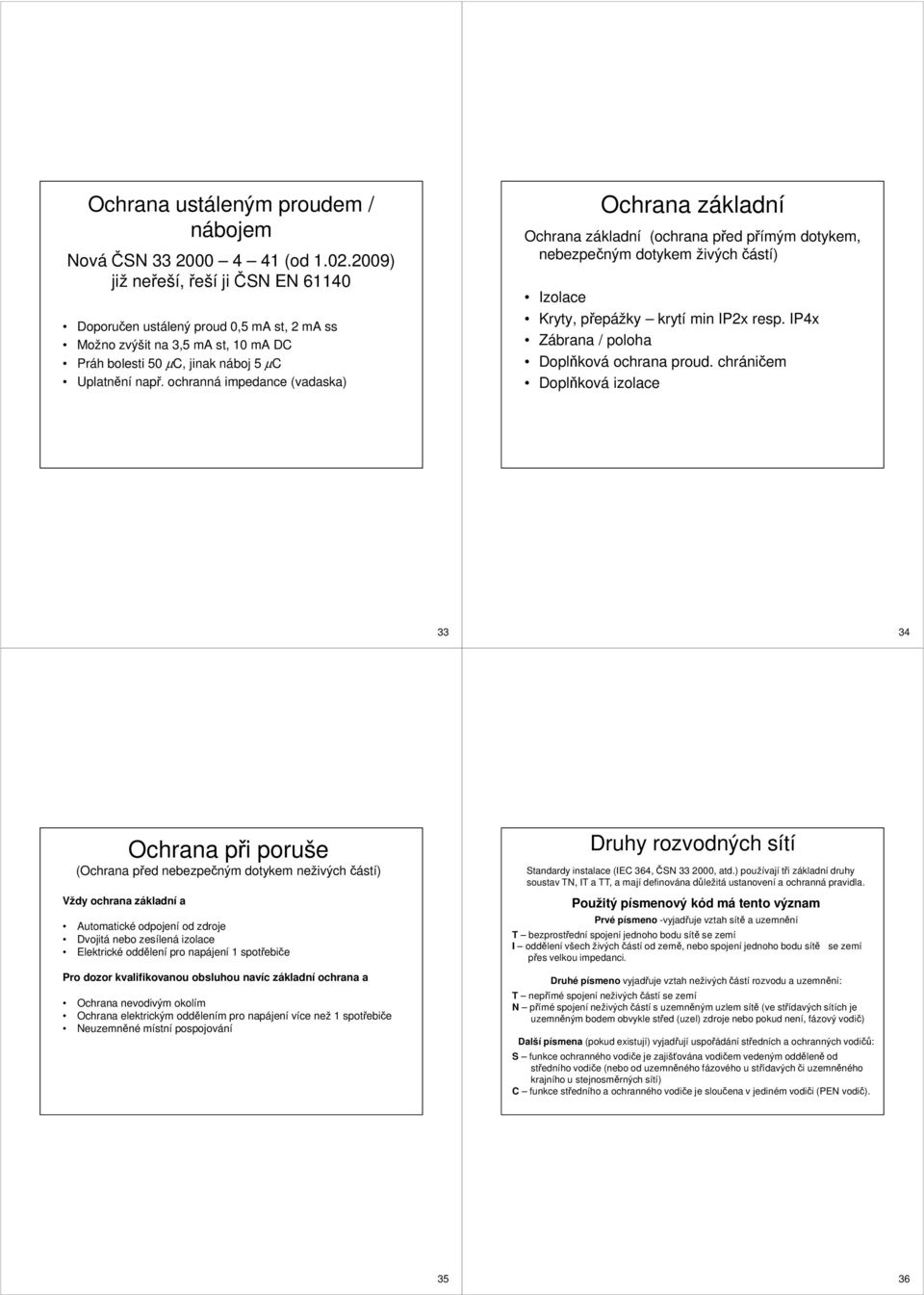 ochranná impedance (vadaska) Ochrana základní Ochrana základní (ochrana před přímým dotykem, nebezpečným dotykem živých částí) Izolace Kryty, přepážky krytí min IP2x resp.