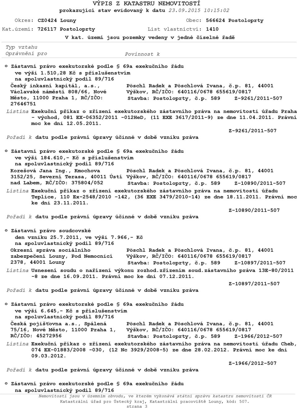 p. 589 Z-9261/2011-507 27646751 Exekuční příkaz zřízení exekutrskéh zástavníh práva na nemvitsti úřadu Praha - výchd, 081 EX-06352/2011-012HeD, (11 EXE 3617/2011-9) ze dne 11.04.2011. Právní mc ke dni 12.