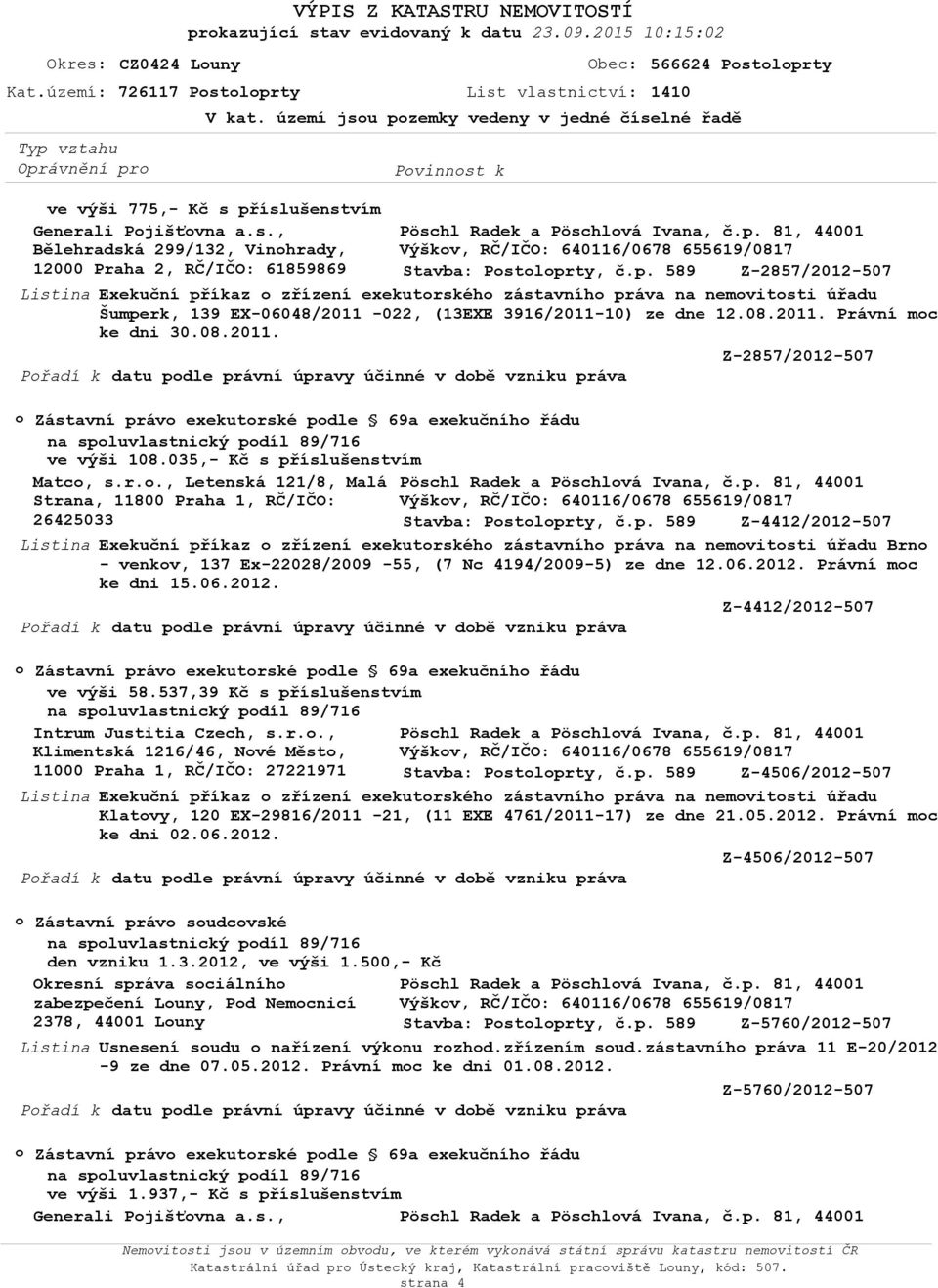 08.2011. Právní mc ke dni 30.08.2011. Z-2857/2012-507 Přadí k datu pdle právní úpravy účinné v dbě vzniku práva Zástavní práv exekutrské pdle 69a exekučníh řádu ve výši 108.