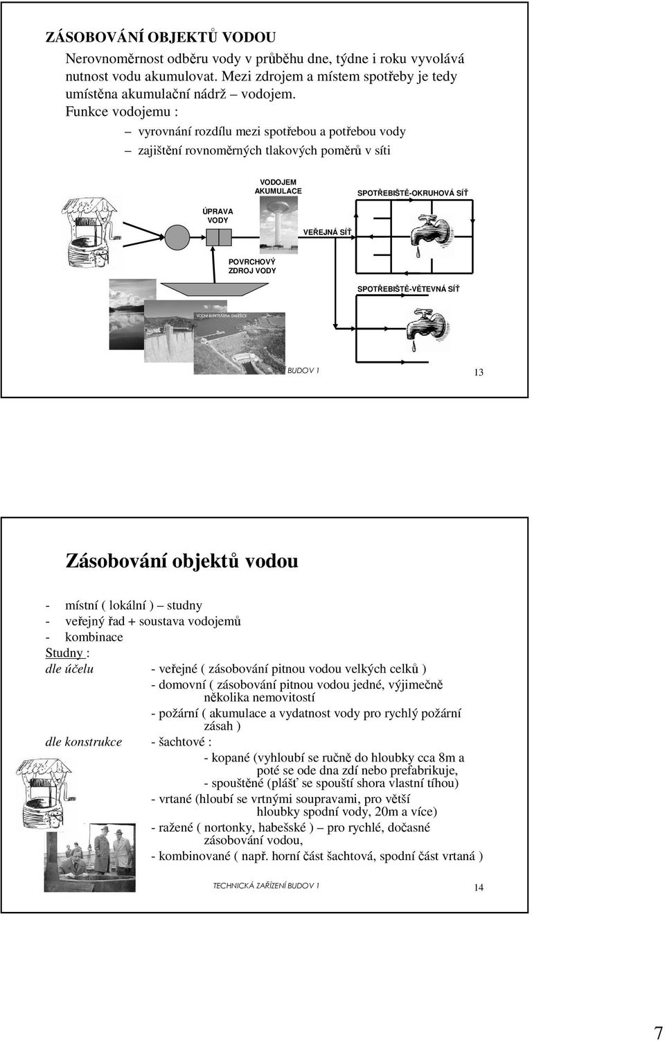 SÍŤ POVRCHOVÝ ZDROJ VODY SPOTŘEBIŠTĚ-VĚTEVNÁ SÍŤ TECHNICKÁ ZAŘÍZENÍ BUDOV 1 13 Zásobování objektů vodou - místní ( lokální ) studny - veřejný řad + soustava vodojemů - kombinace Studny : dle účelu -