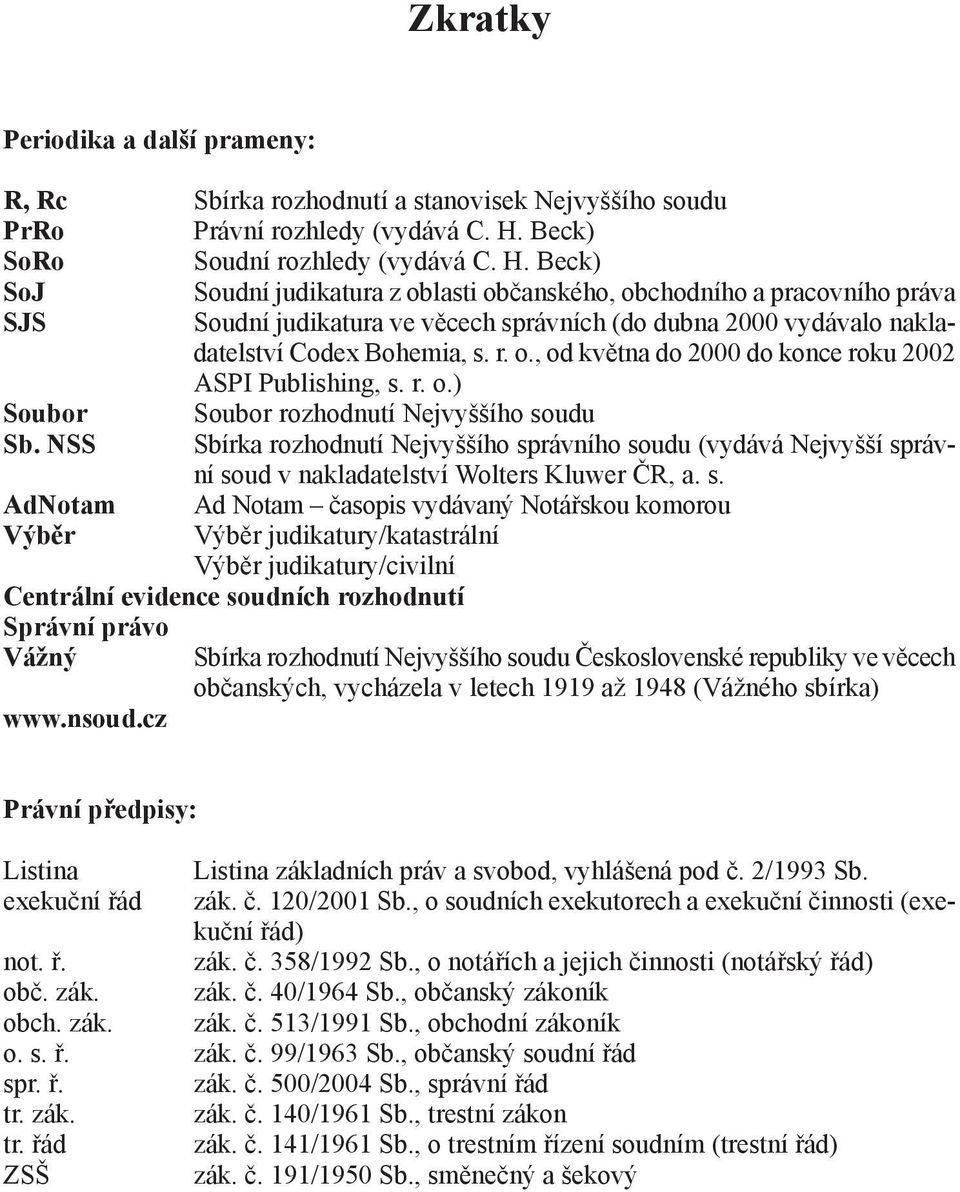 Beck) SoJ Soudní judikatura z oblasti občanského, obchodního a pracovního práva SJS Soudní judikatura ve věcech správních (do dubna 2000 vydávalo nakladatelství Codex Bohemia, s. r. o., od května do 2000 do konce roku 2002 ASPI Publishing, s.