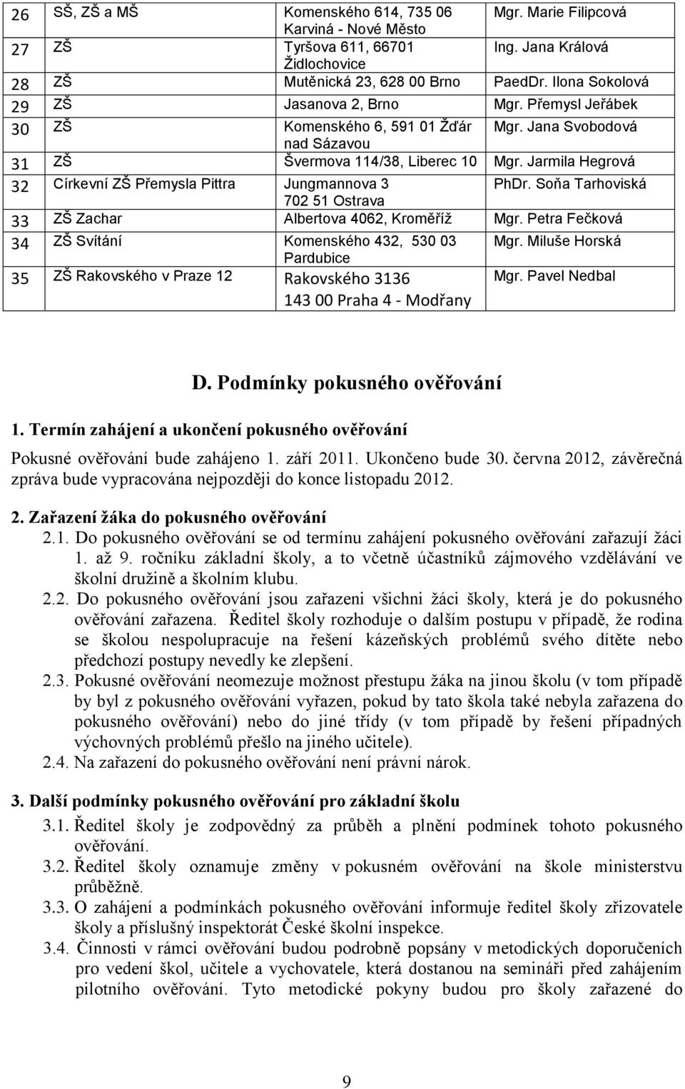 Jarmila Hegrová 32 Církevní ZŠ Přemysla Pittra Jungmannova 3 PhDr. Soňa Tarhoviská 702 51 Ostrava 33 ZŠ Zachar Albertova 4062, Kroměříţ Mgr.