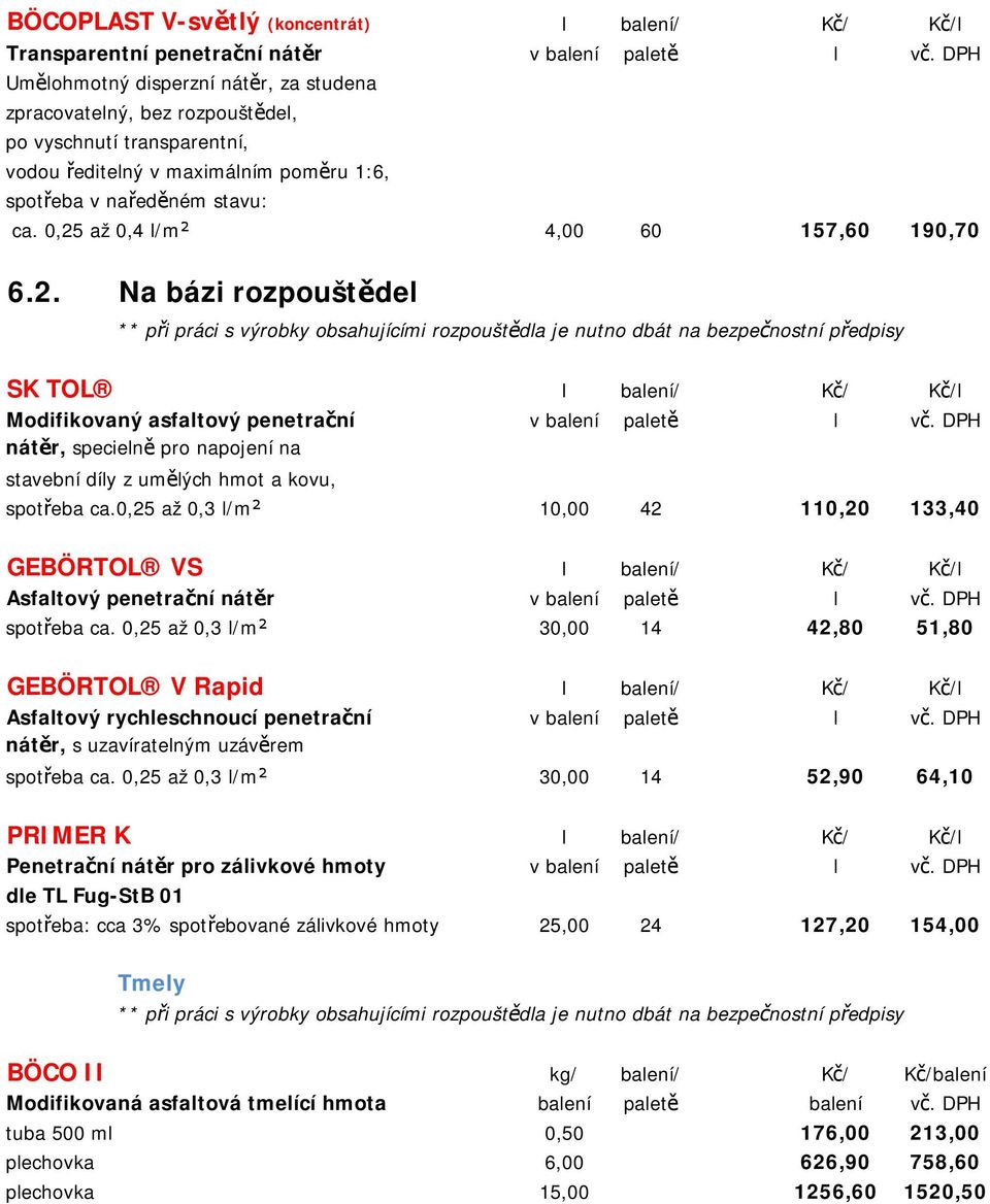 0,25 až 0,4 l/m² 4,00 60 157,60 190,70 6.2. Na bázi rozpouštědel ** při práci s výrobky obsahujícími rozpouštědla je nutno dbát na bezpečnostní předpisy SK TOL l balení/ Kč/ Kč/l Modifikovaný asfaltový penetrační v balení paletě l vč.