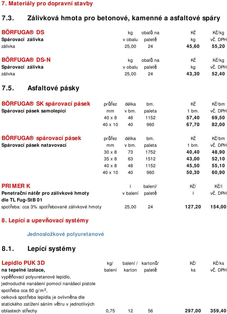 Kč Kč/bm Spárovací pásek samolepící mm v bm. paleta 1 bm. vč. DPH 40 x 8 48 1152 57,40 69,50 40 x 10 40 960 67,70 82,00 BÖRFUGA spárovací pásek průřez délka bm.