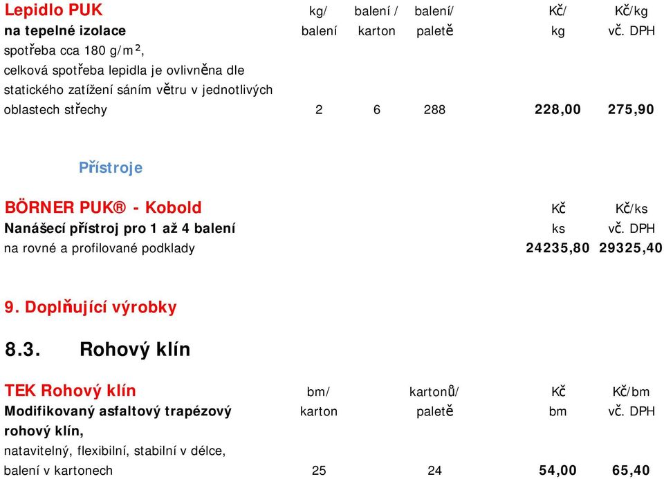275,90 Přístroje BÖRNER PUK - Kobold Kč Kč/ks Nanášecí přístroj pro 1 až 4 balení ks vč. DPH na rovné a profilované podklady 24235,80 29325,40 9.